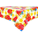 gingham and flowers yellow oilcloth tablecloth with a simple hem