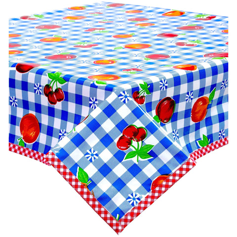 51 x 106" Gingham and Fruit Blue Oilcloth Tablecloth