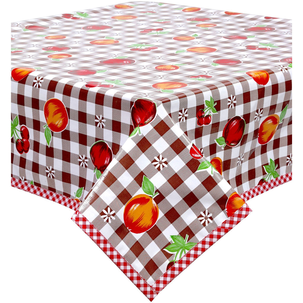 gingham and fruit brown oilcloth tablecloth with red gingham trim