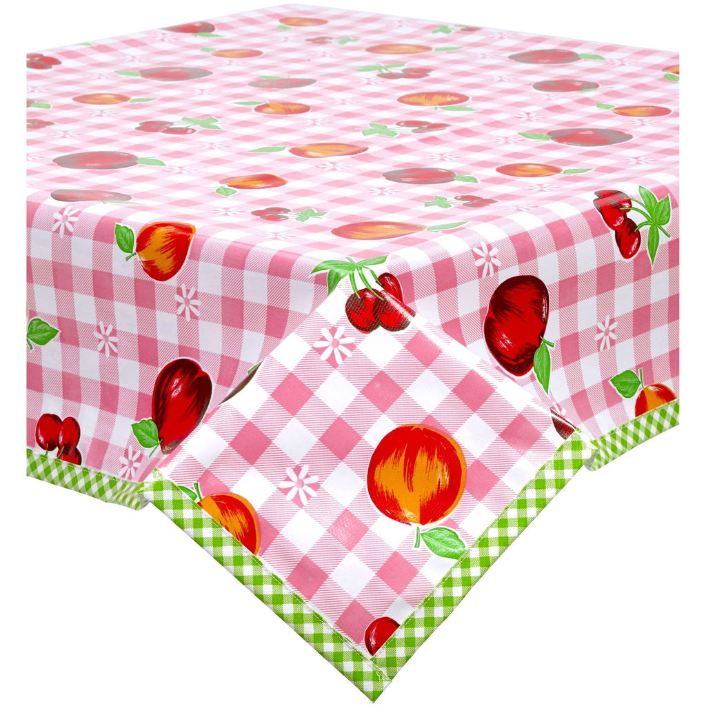 gingham and fruit pink oilcloth tablecloth with lime green gingham trim