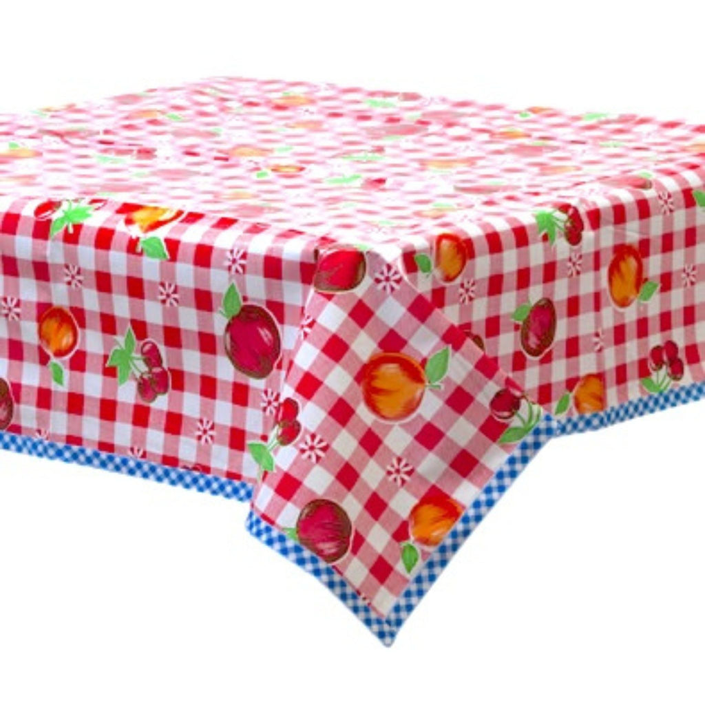 gingham and fruit red oilcloth tablecloth with blue gingham trim