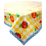 gingham and fruit yellow oilcloth tablecloth with blue gingham trim
