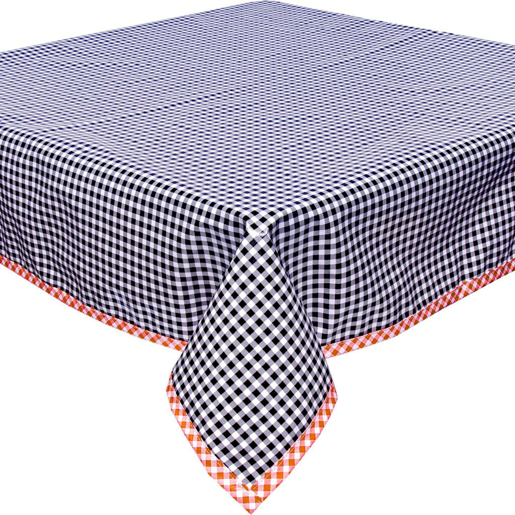 freckled sage gingham black oilcloth tablecloth with orange gingham trim