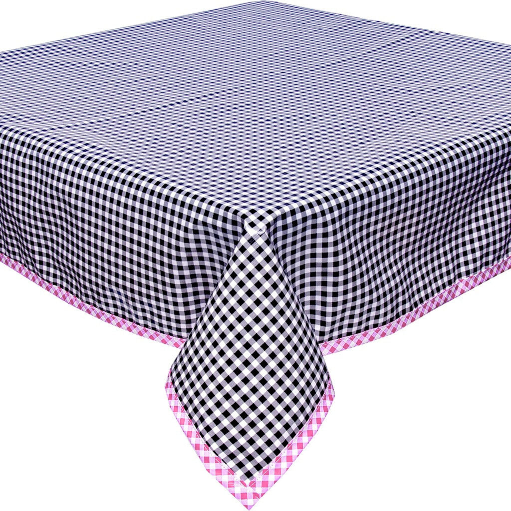 square gingham black oilcloth tablecloth with pink gingham trim