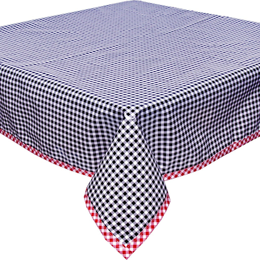 square gingham black oilcloth tablecloth with red gingham trim