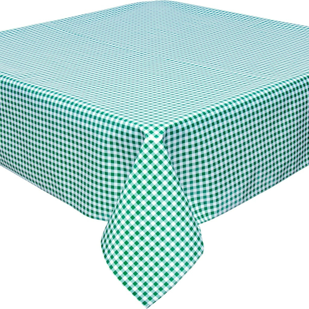 square gingham green oilcloth tablecloth with a simple hem