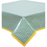 square gingham green oilcloth tablecloth with yellow gingham trim