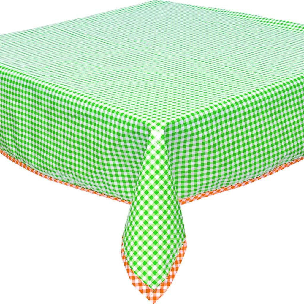 gingham lime green oilcloth tablecloth with orange gingham trim
