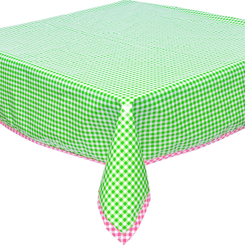 freckled sage gingham lime green oilcloth tablecloth with pink gingham trim