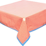 gingham orange oilcloth tablecloth with blue gingham trim