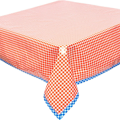 gingham orange oilcloth tablecloth with blue gingham trim