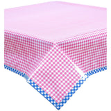 gingham pink oilcloth tablecloth with blue gingham trim