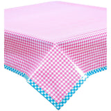 gingham pink oilcloth tablecloth with light blue gingham trim