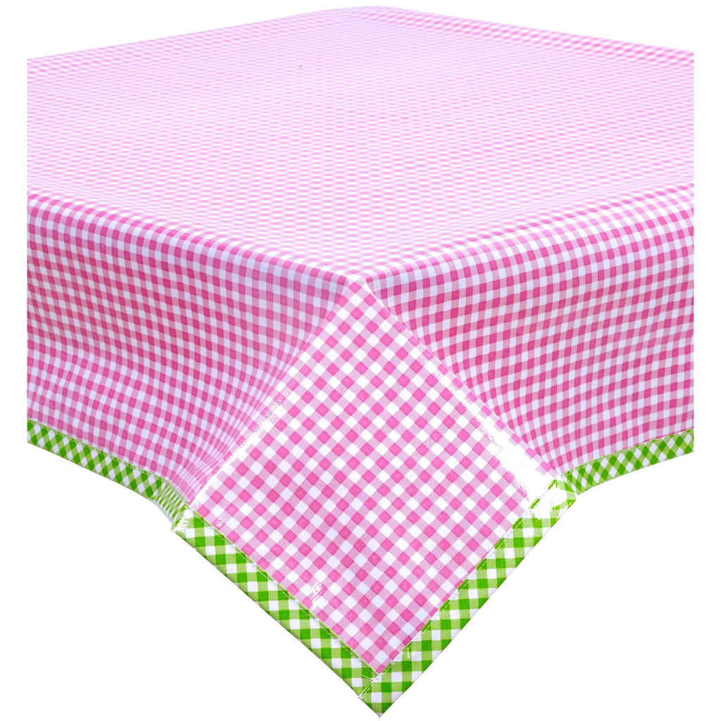 gingham pink oilcloth tablecloth with lime green gingham trim