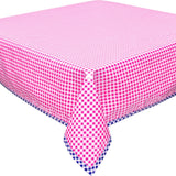 gingham pink oilcloth tablecloth with navy blue gingham trim
