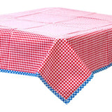 square red gingham oilcloth tablecloth with blue gingham trim