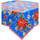 hawaii blue oilcloth tablecloth with red gingham trim
