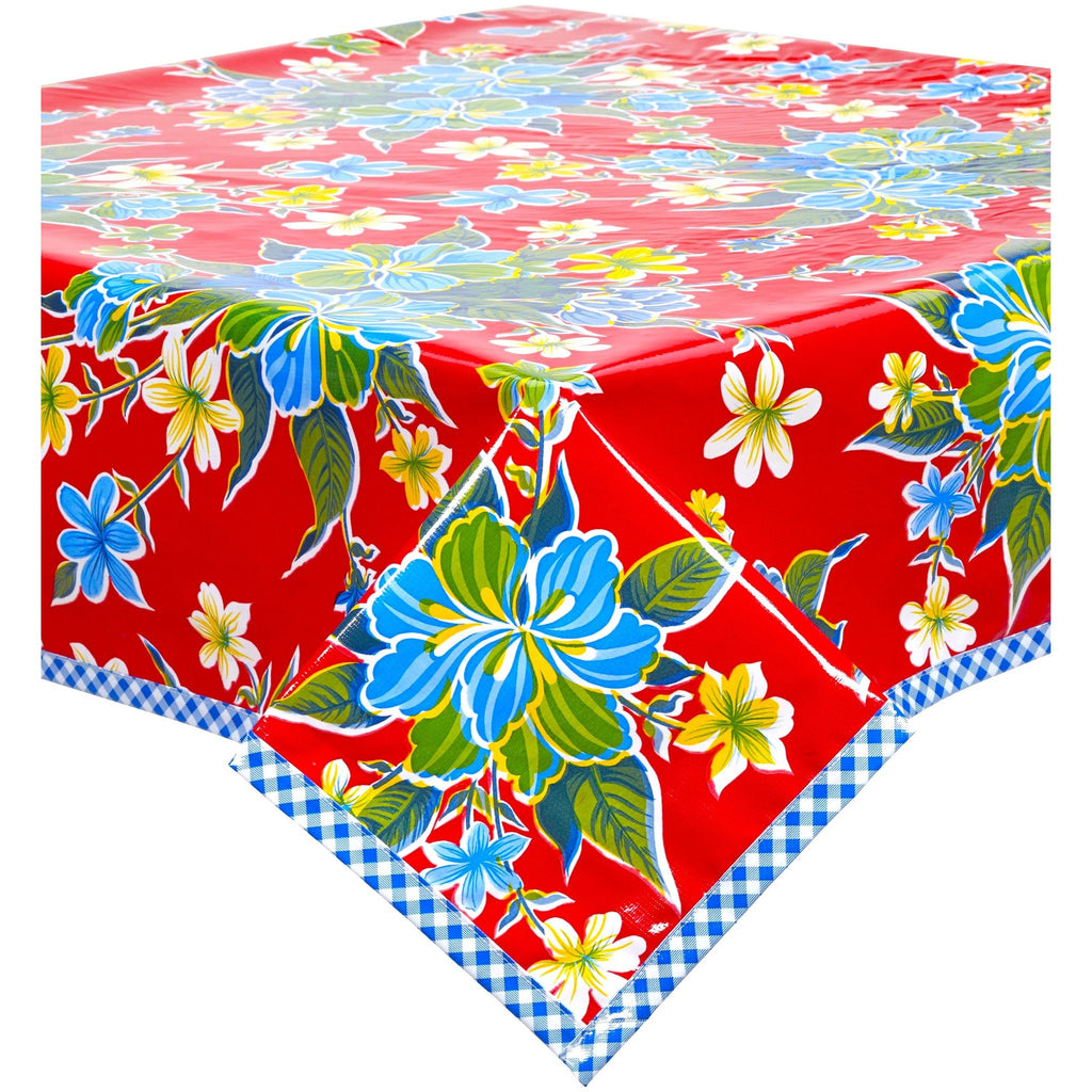 hawaii red oilcloth tablecloth with blue gingham trim