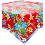 hawaii red oilcloth tablecloth with blue gingham trim