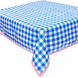 large gingham blue oilcloth tablecloth with pink gingham trim