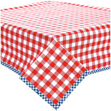 large gingham red oilcloth tablecloth with navy blue gingham trim