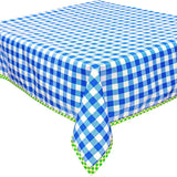 large gingham blue oilcloth tablecloth with lime green gingham trim