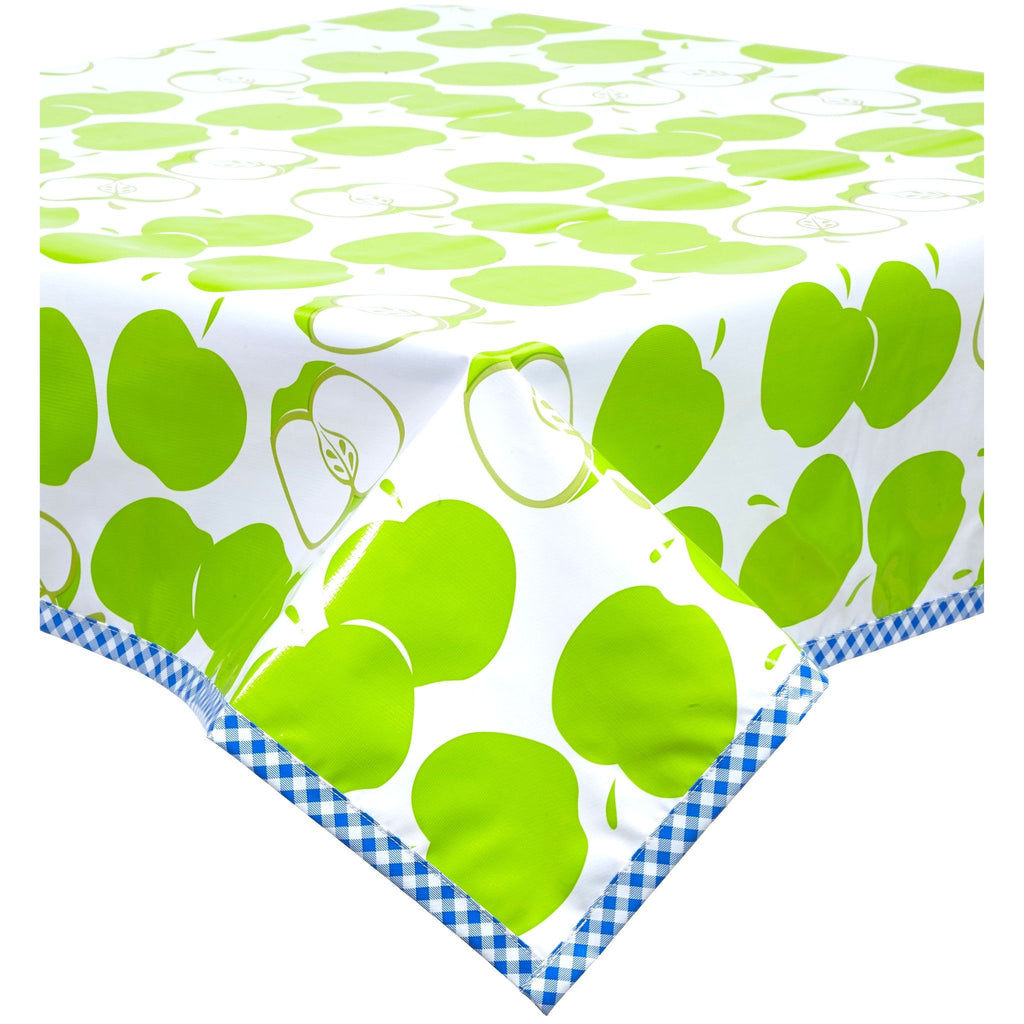 mod apple lime green oilcloth tablecloth with blue gingham trim