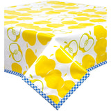 mod apple yellow oilcloth tablecloth with blue gingham trim