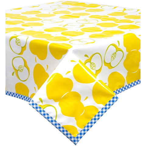 mod apple yellow oilcloth tablecloth with blue gingham trim