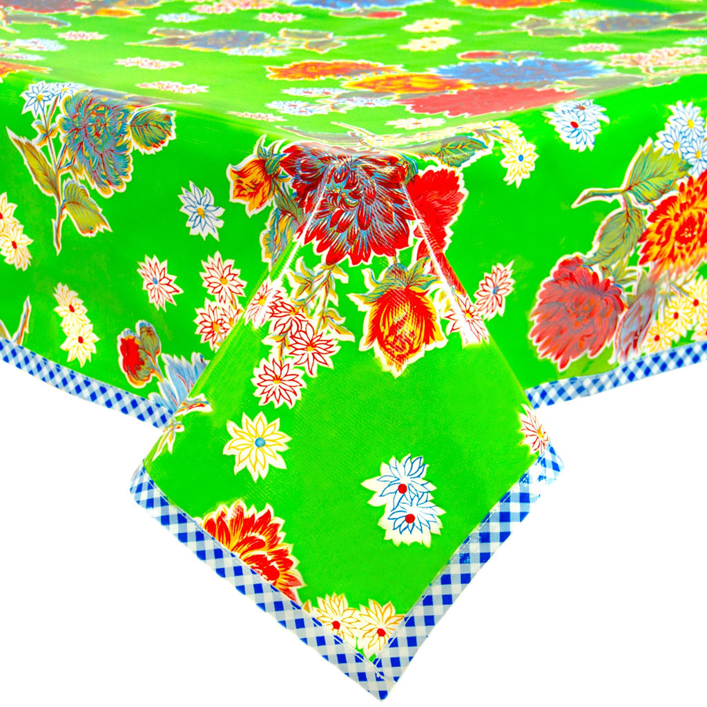 mum lime green oilcloth tablecloths with blue gingham trim