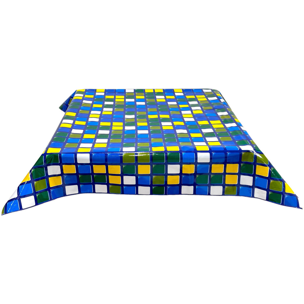 freckled sage rubix blue oilcloth tablecloth with a simple hem