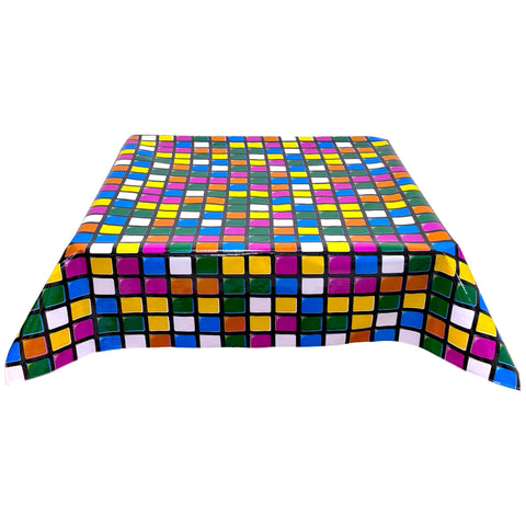 freckled sage rubix fuchsia oilcloth tablecloth with a simple hem