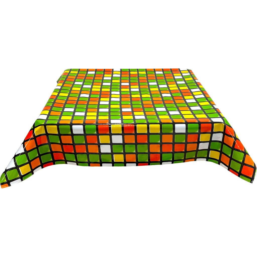 freckled sage rubix green oilcloth tablecloth with a simple hem