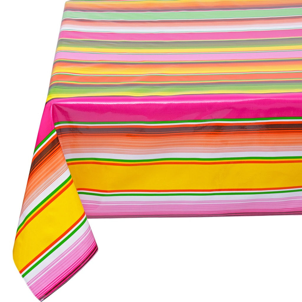 serape pink oilcloth tablecloth with a simple hem