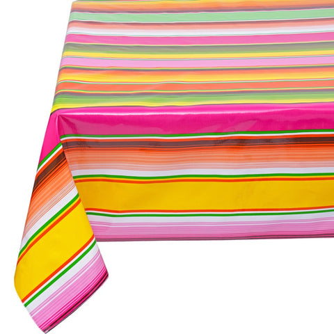serape pink oilcloth tablecloth with a simple hem