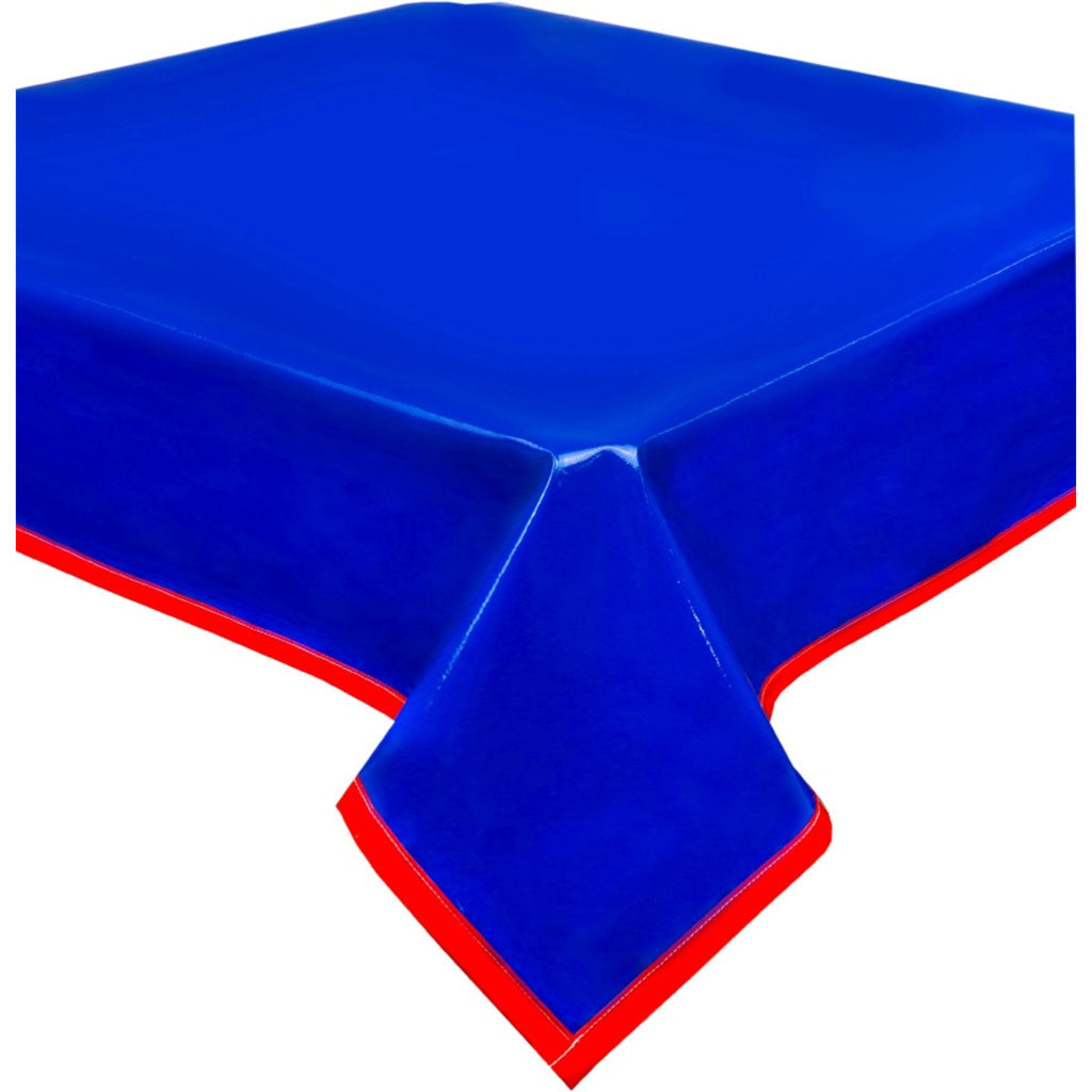 square solid blue oilcloth tablecloth with solid red trim