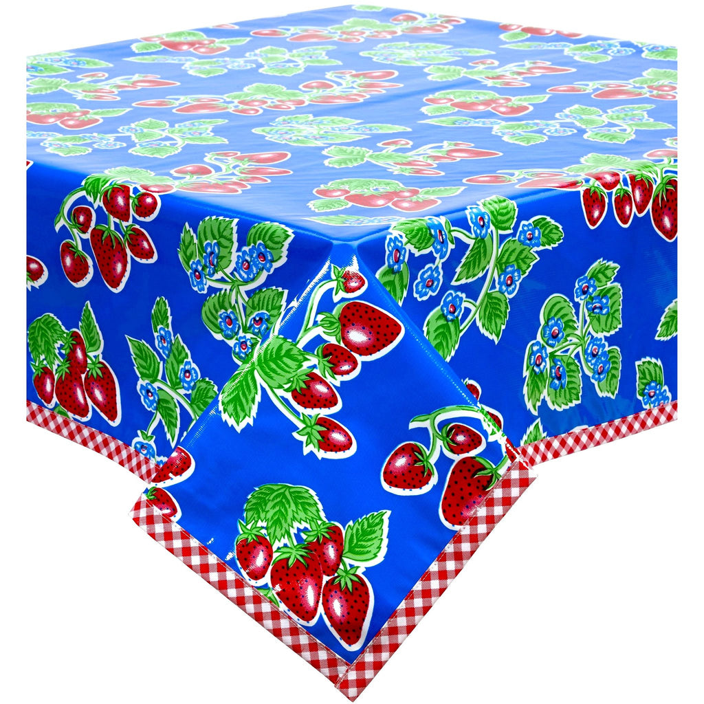 freckled sage strawberry blue oilcloth tablecloth with red gingham trim
