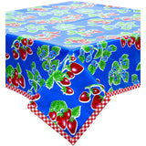 freckled sage strawberry blue oilcloth tablecloth with red gingham trim