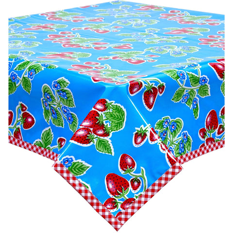 square strawberry light blue oilcloth tablecloth with red gingham trim