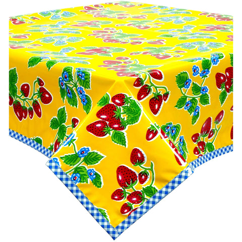 strawberry yellow oilcloth tablecloth with blue gingham trim