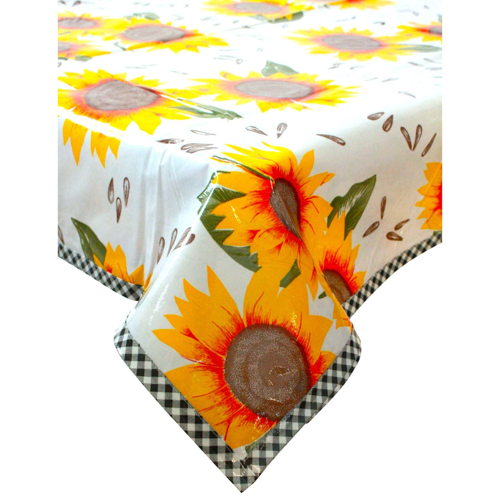 freckled sage sunflower oilcloth tablecloth with black gingham trim