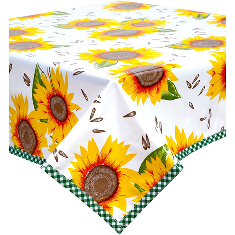 sunflower oilcloth tablecloth with green gingham trim