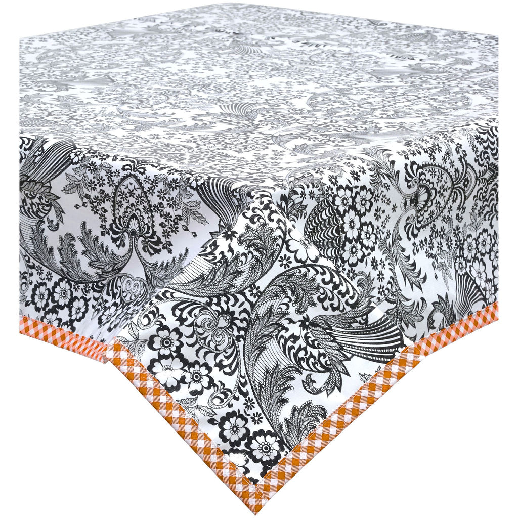 freckled sage toile black oilcloth tablecloth with orange gingham trim