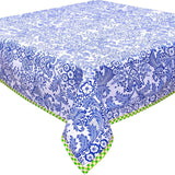 toile navy blue oilcloth tablecloth with lime green gingham trim