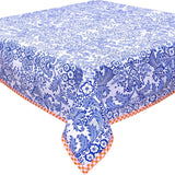 toile navy blue oilcloth tablecloth with orange gingham trim