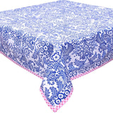 toile navy blue oilcloth tablecloth with pink gingham trim