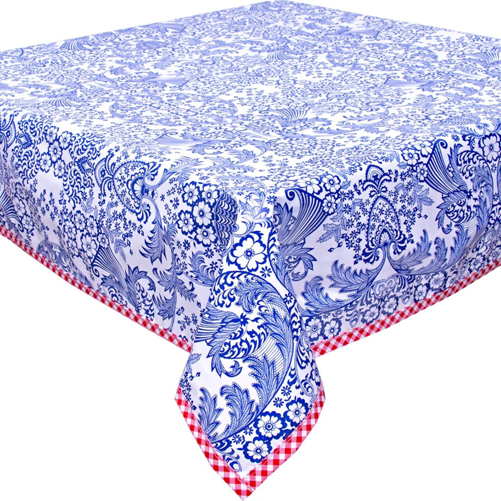 toile navy blue oilcloth tablecloth with red gingham trim