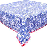 toile navy blue oilcloth tablecloth with red gingham trim