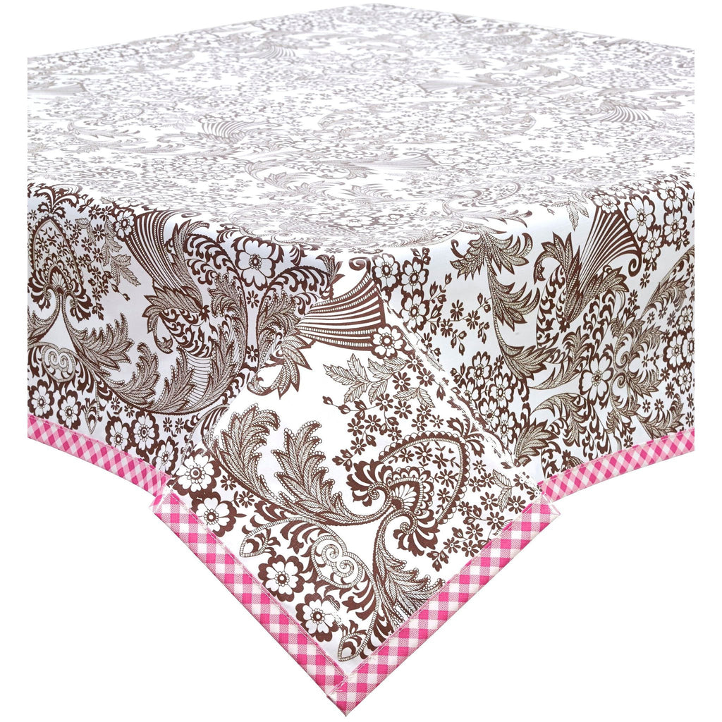 freckled sage toile brown oilcloth tablecloth with pink gingham trim