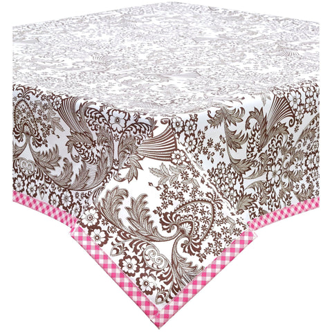 freckled sage toile brown oilcloth tablecloth with pink gingham trim